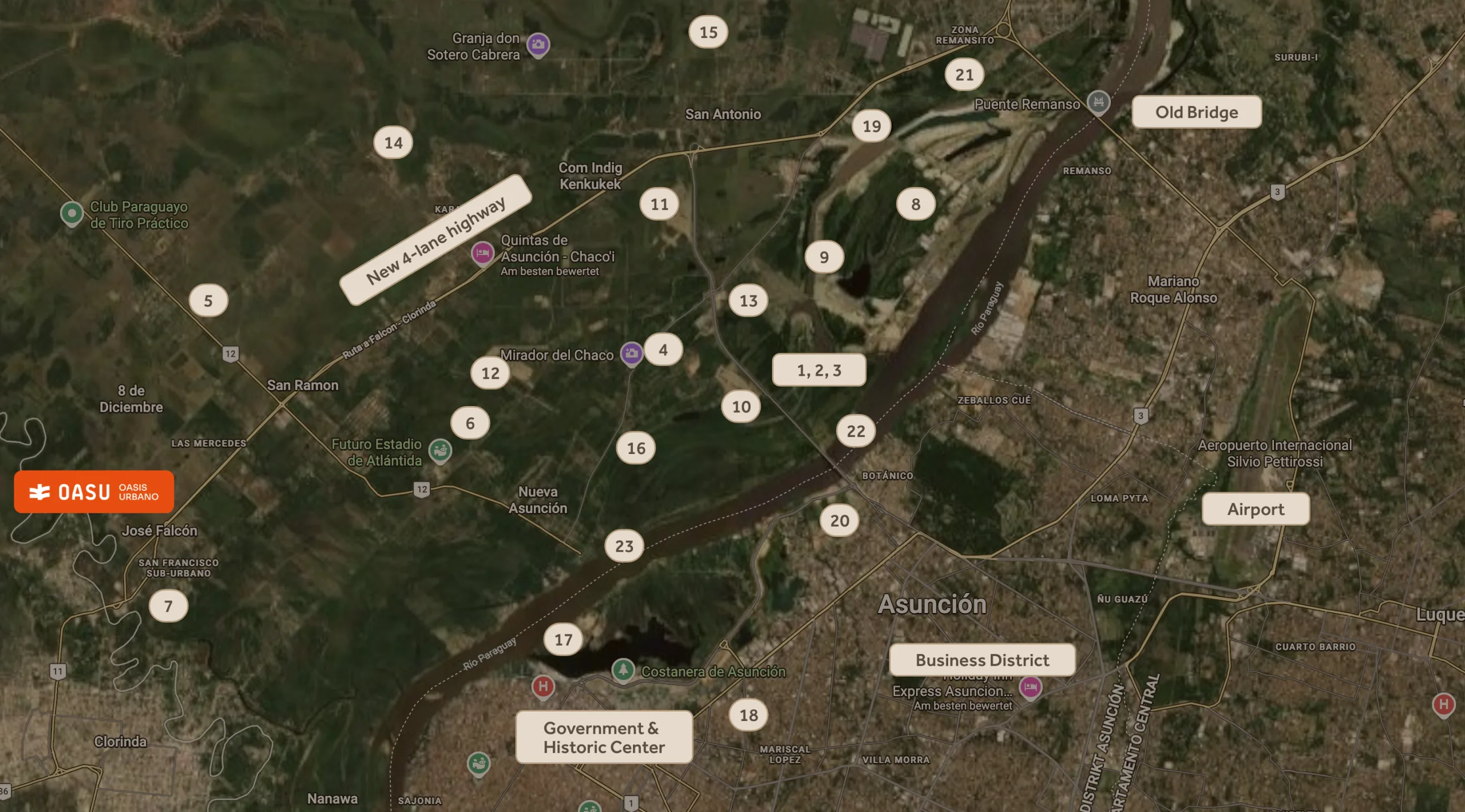 Map showing road connections between Asunción and Nueva Asunción